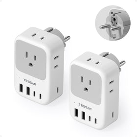 TESSAN Type-F plug adapter with four outlets for Europe to power multiple devices.