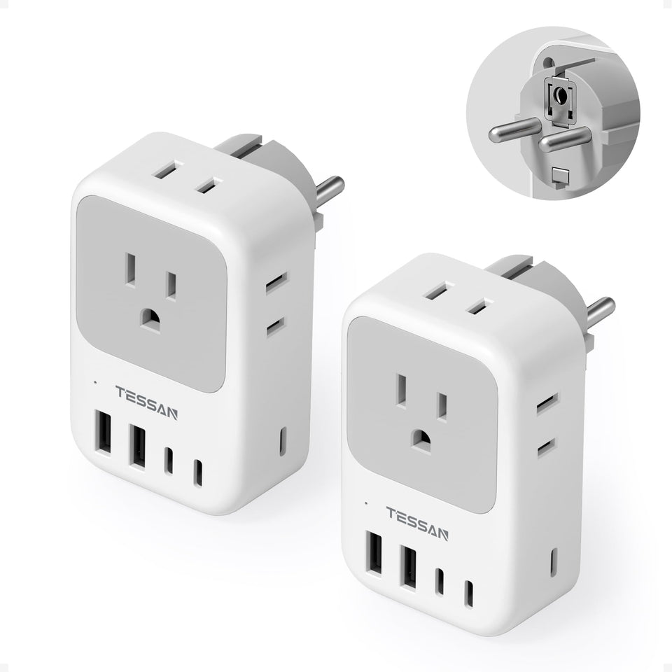 TESSAN Type-F plug adapter with four outlets for Europe to power multiple devices.