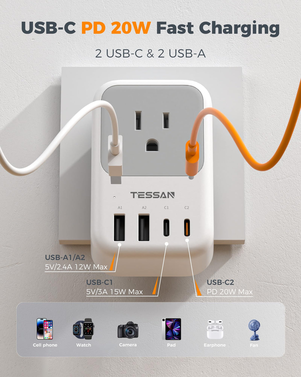 TESSAN four AC outlets plus USB-C and USB-A ports for several devices