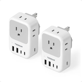 TESSAN Type G travel adapter with 4 outlets ready for multi-device charging on trips