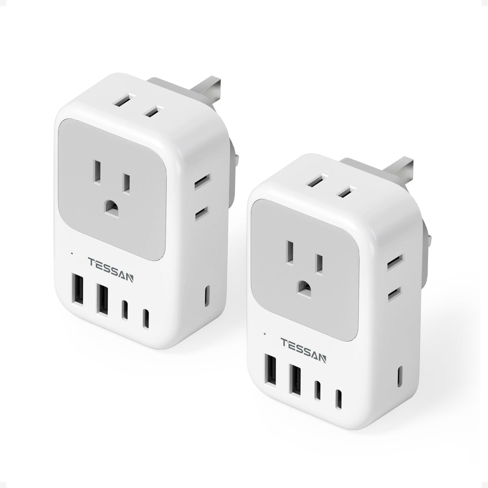 TESSAN Type G travel adapter with 4 outlets ready for multi-device charging on trips