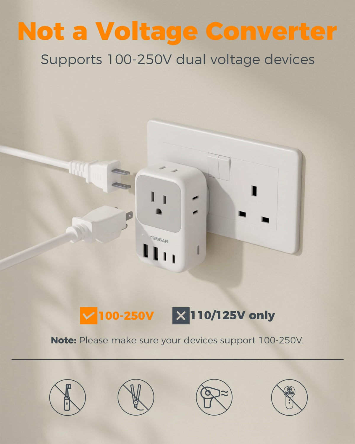 TESSAN Type G travel adapter in hotel room ready to power multiple devices