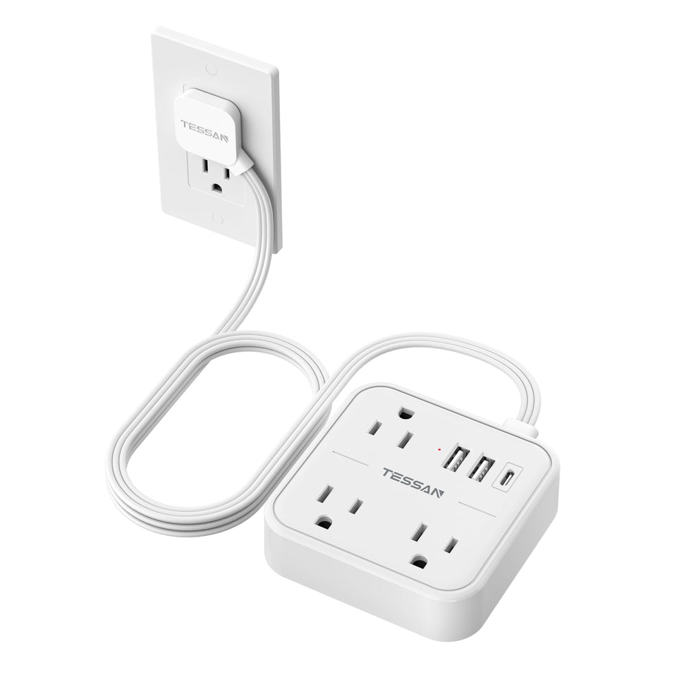 TESSAN Ultra Thin Flat Extension Cord in white saves desk space and reduces clutter.