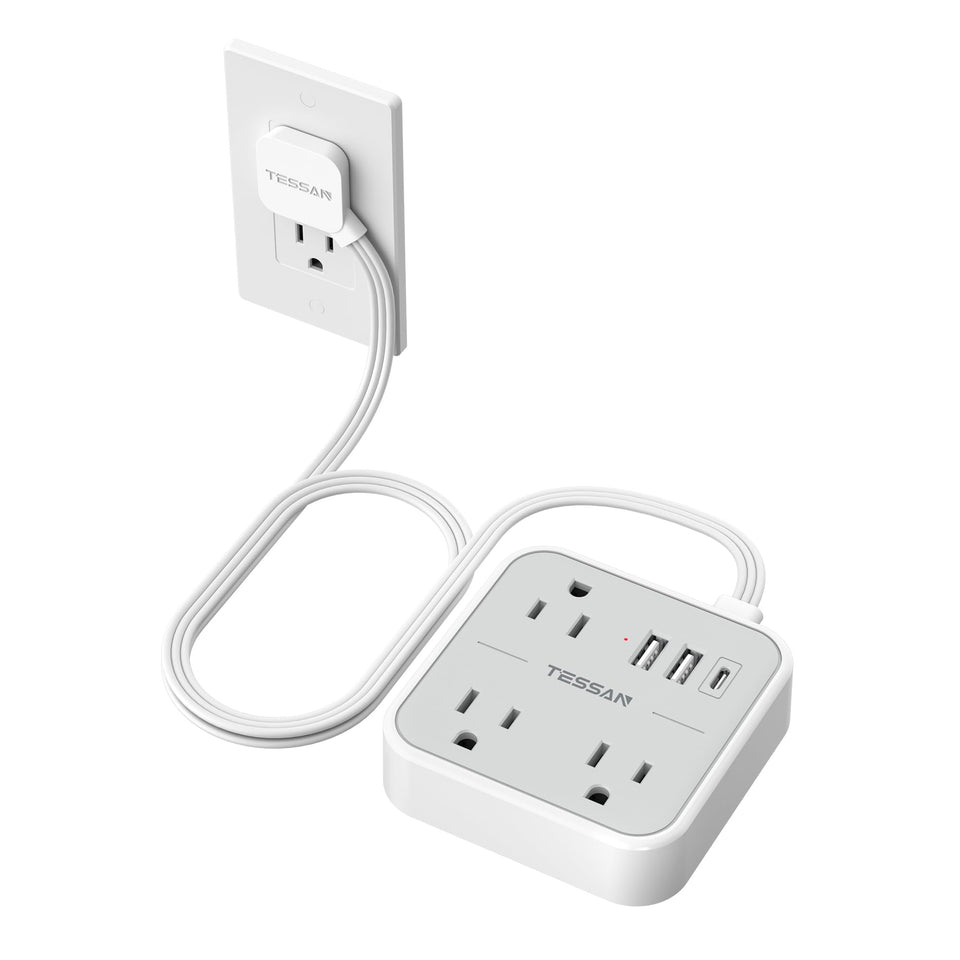 TESSAN Ultra-Thin Flat Extension Cord front view with USB ports powering multiple devices.