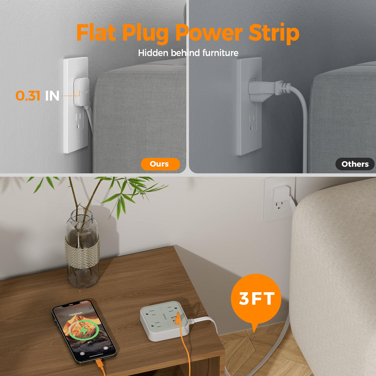 TESSAN Ultra-Thin Flat Extension Cord USB ports charging devices efficiently.