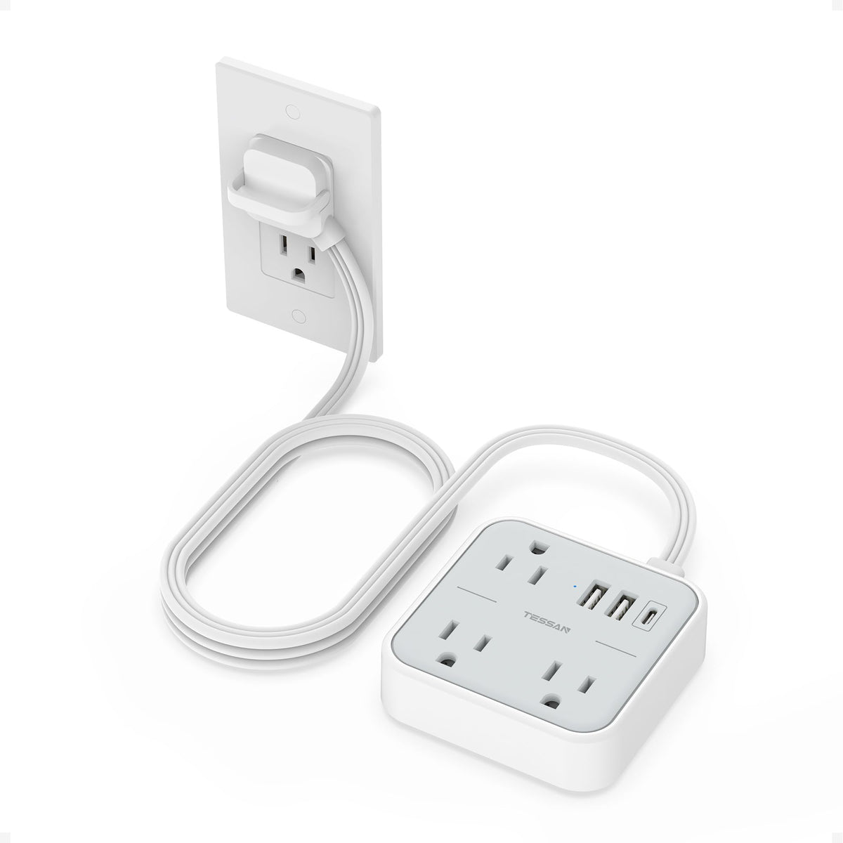 TESSAN ultra-thin flat extension cord with 5 ft reach for tidy setups.