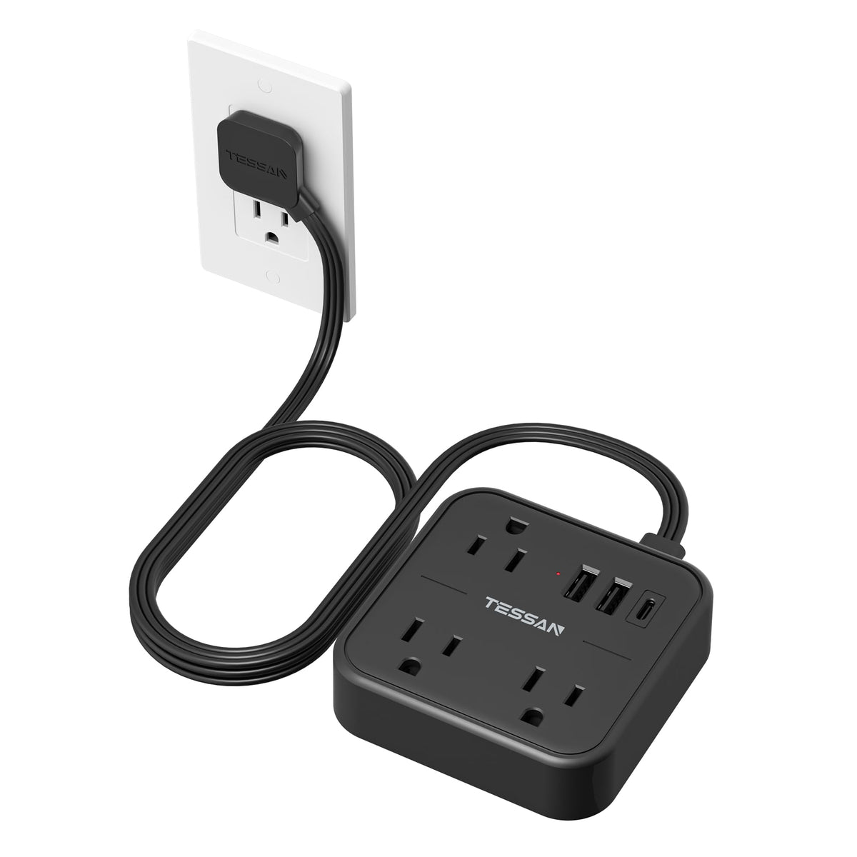 TESSAN ultra-thin flat extension cord in black fits tight spaces and keeps outlets organized.