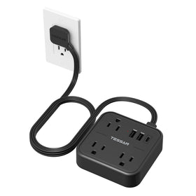 TESSAN ultra-thin flat extension cord in black fits tight spaces and keeps outlets organized.