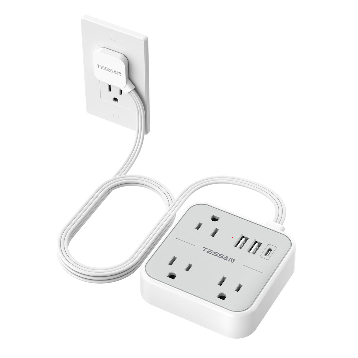 TESSAN Ultra-Thin Flat Extension Cord front-angle showing compact design for tight spaces