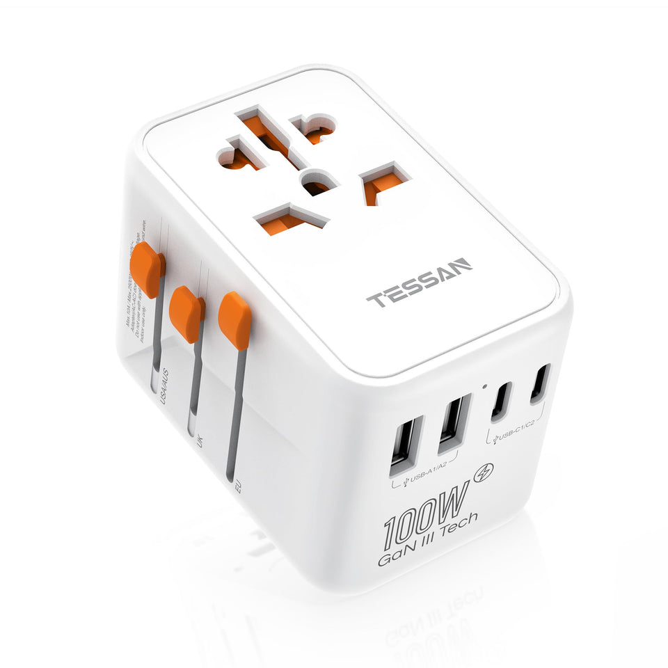 TESSAN front view showing universal outlet and USB ports for versatile charging
