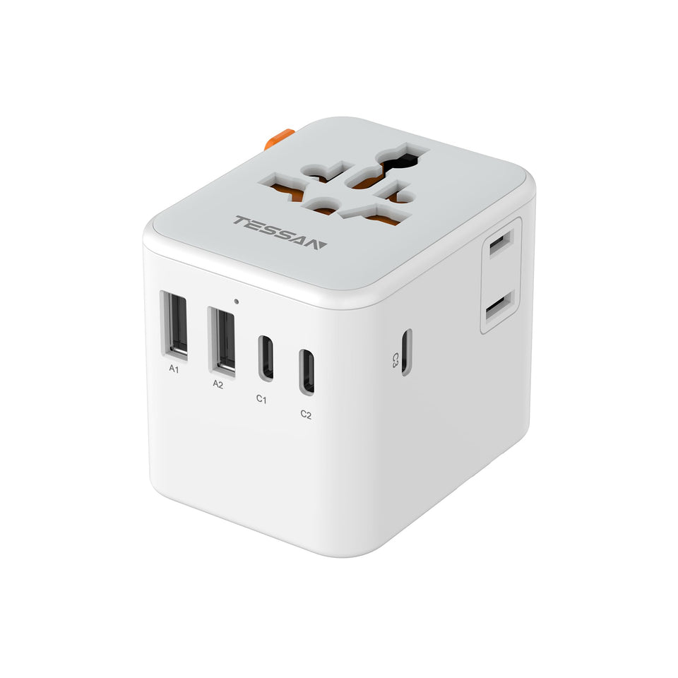 TESSAN front view showing universal AC outlet and multiple ports for versatile charging