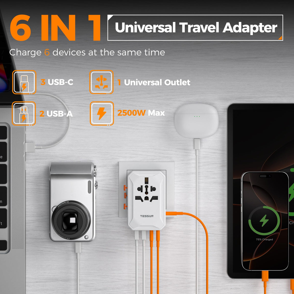 TESSAN universal AC outlet detail showing compatibility with multiple plug shapes