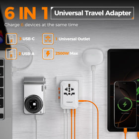 TESSAN universal AC outlet detail showing compatibility with multiple plug shapes