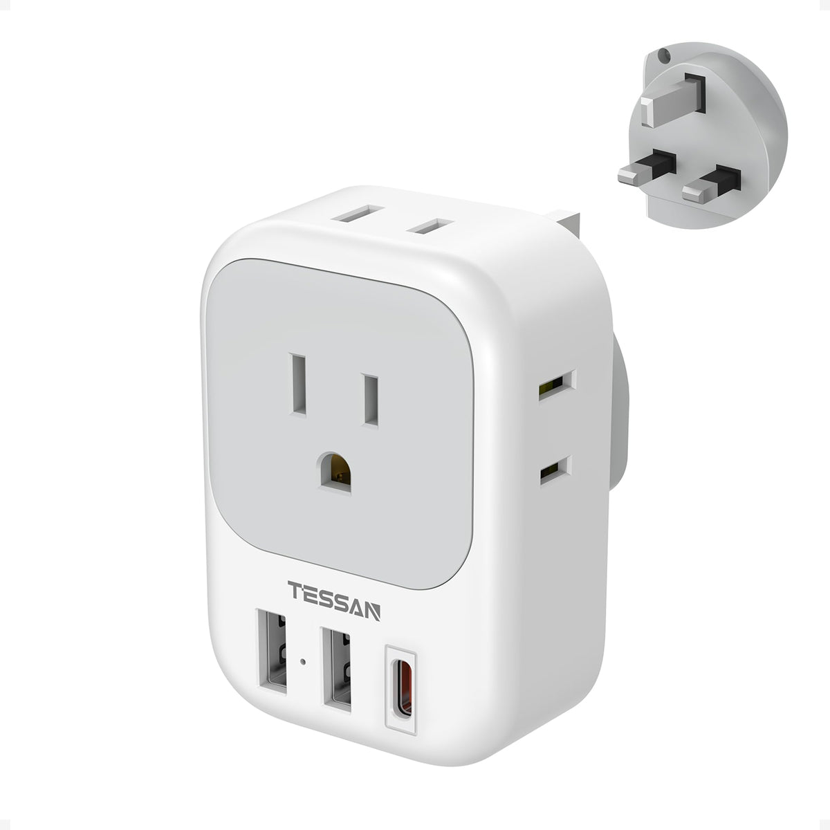 TESSAN US-to-UK PD 20W adapter with front view for travel charging