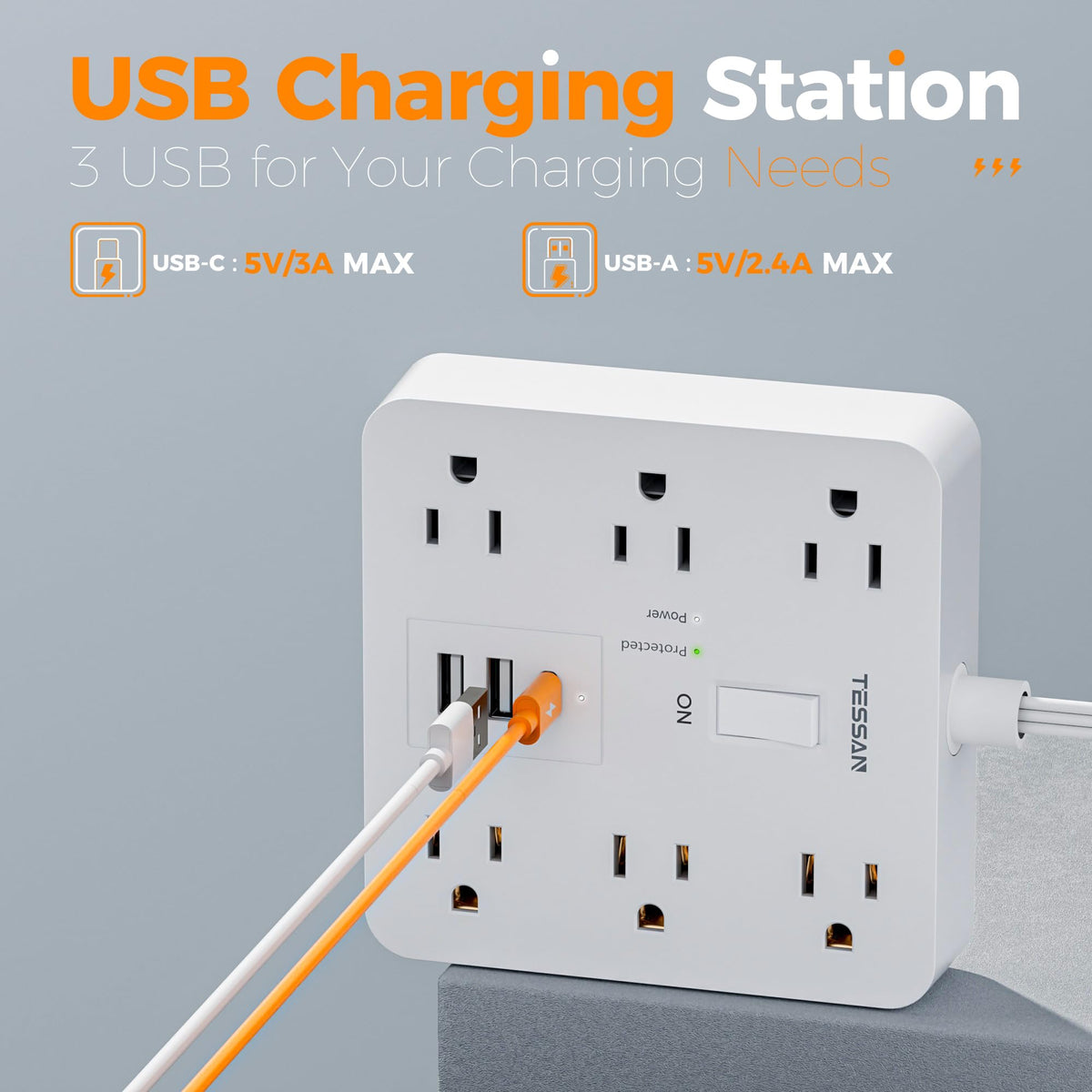 TESSAN USB-A 12W ports support extra devices at once.