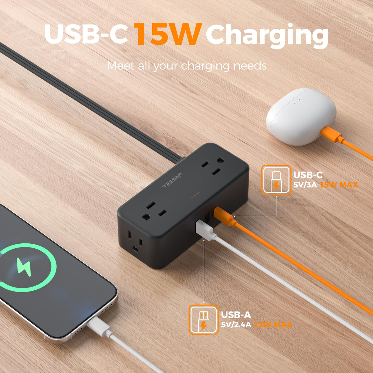 Four AC outlets on the TESSAN power strip for easy access and sharing.