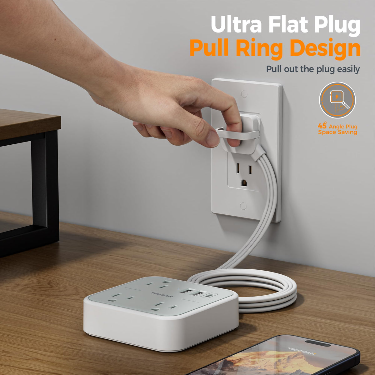 TESSAN USB-C 15W port powers phones and tablets quickly.