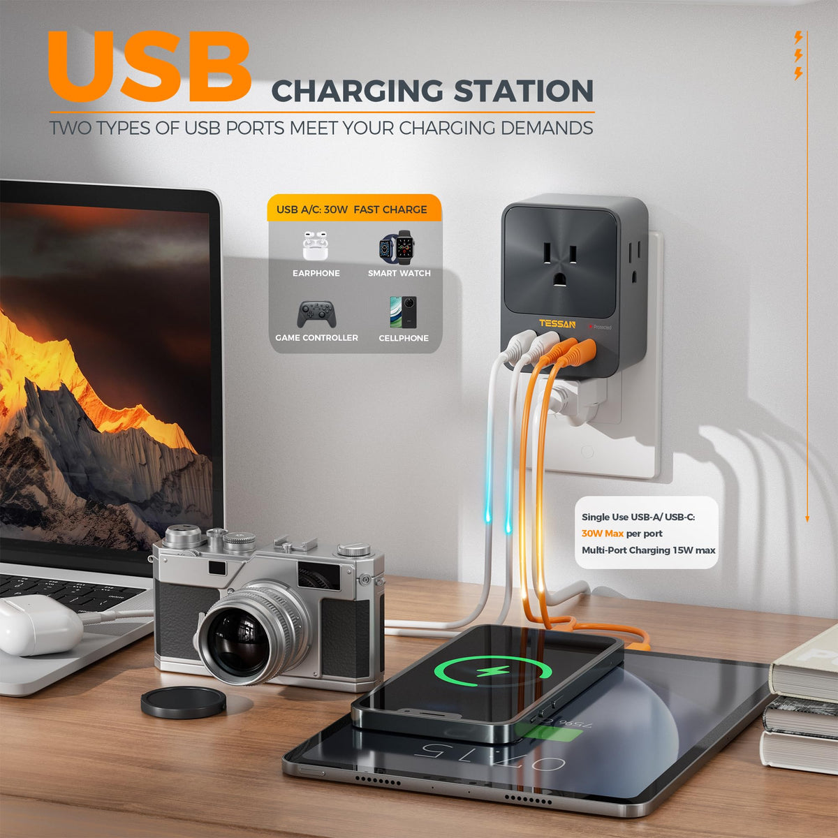TESSAN USB-C and USB-A ports provide up to 30W max per port.