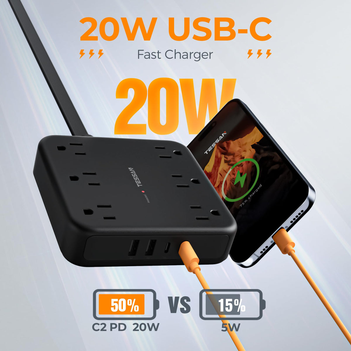 TESSAN USB-C 15W port ideal for tablets and additional devices.