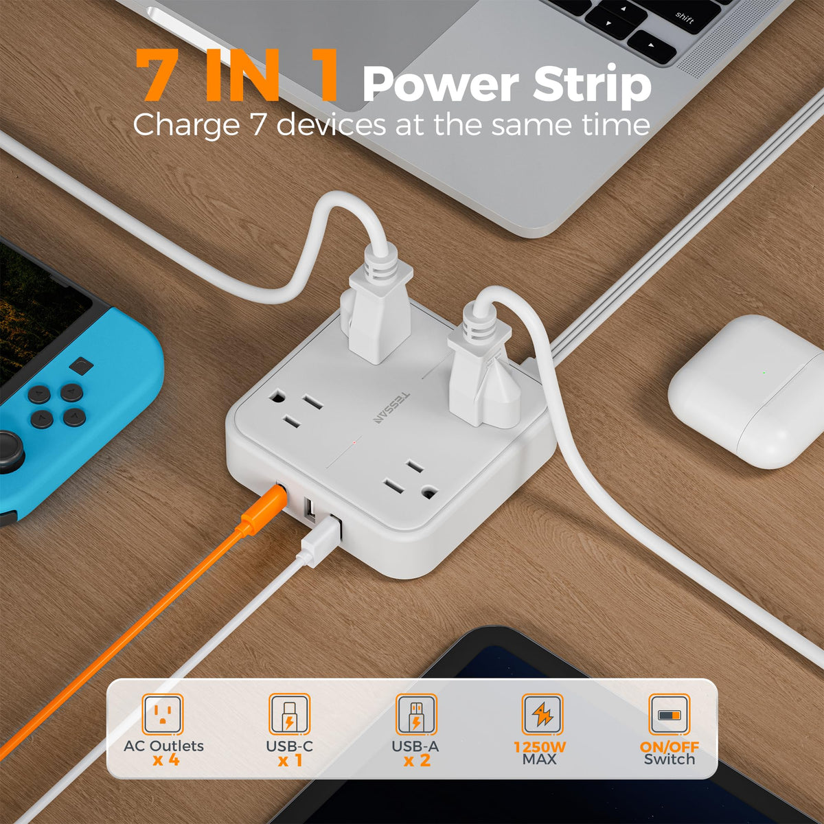 TESSAN detail of four AC outlets and three USB ports offering versatile charging options