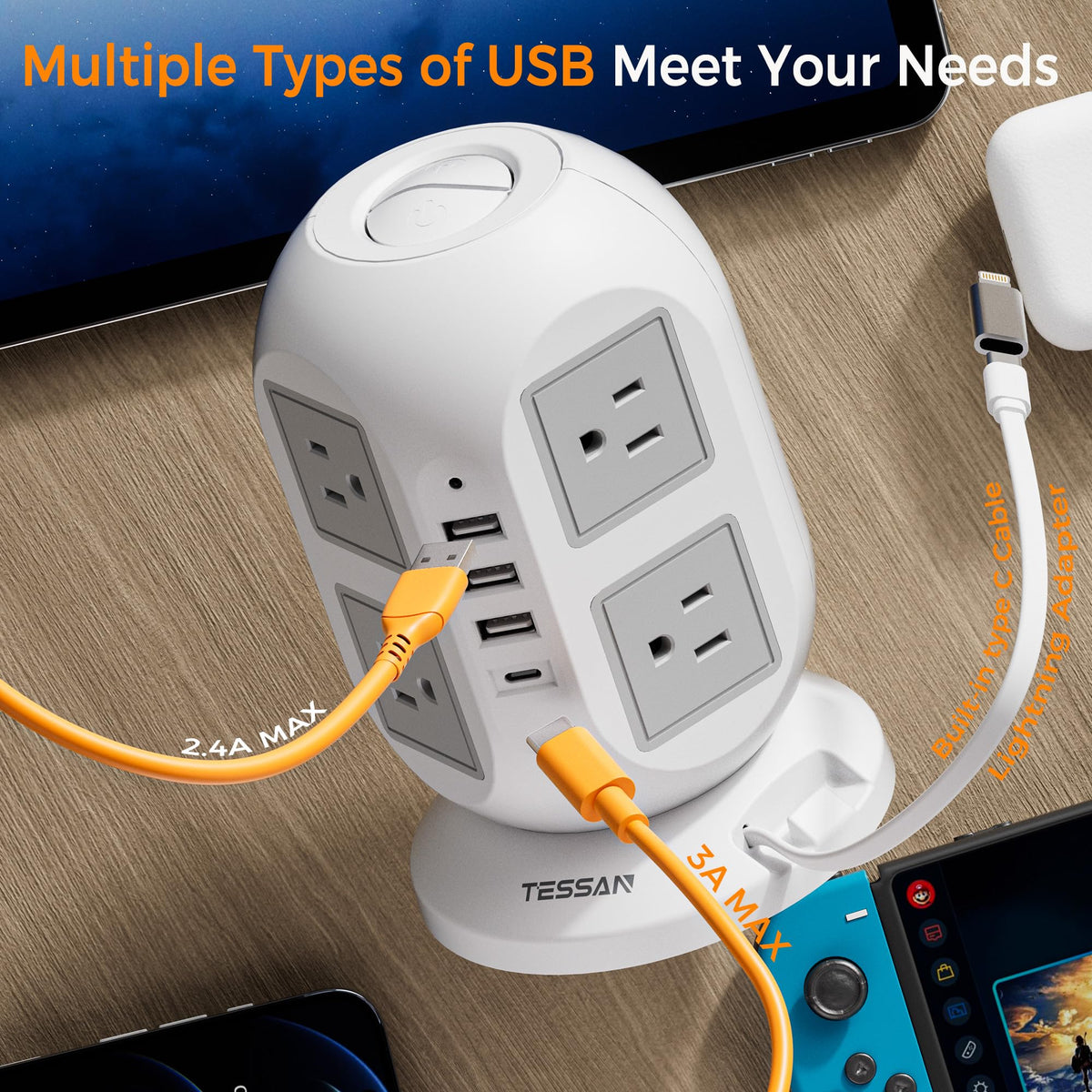 TESSAN USB ports and built-in cable displayed charging multiple devices