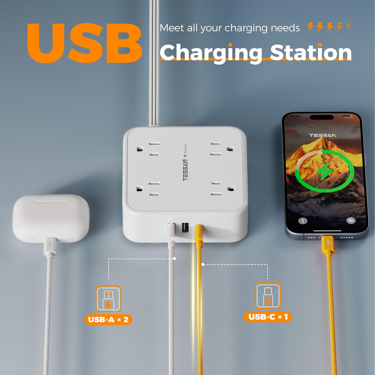 TESSAN USB ports and labels showing USB‑C fast charge and USB‑A convenience