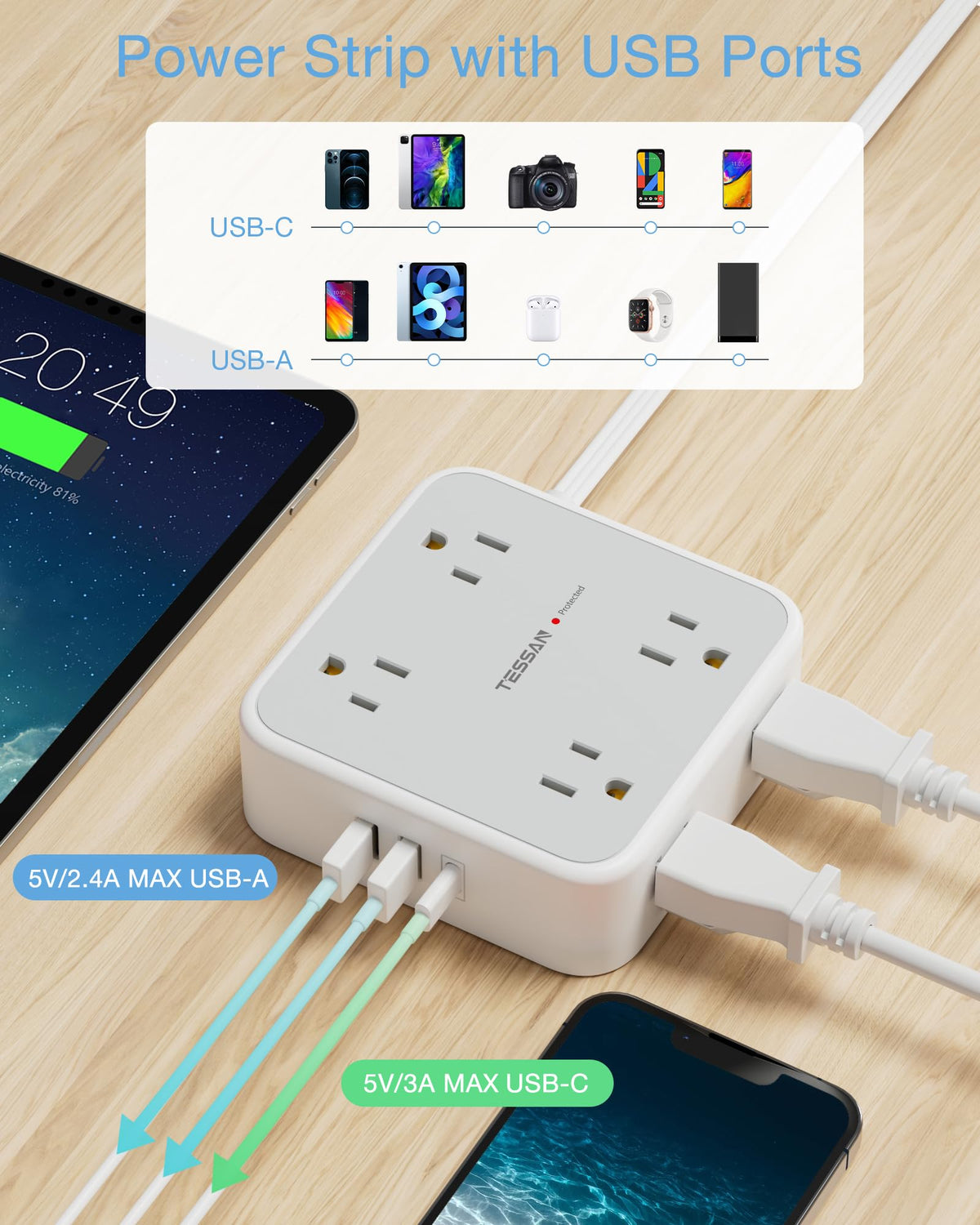 TESSAN USB closeup showing USB-C and USB-A ports for direct device charging