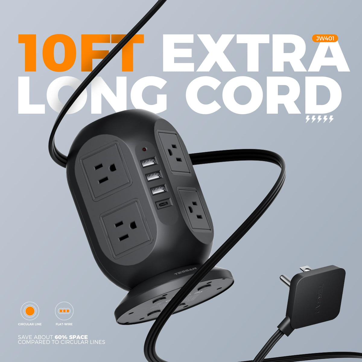 TESSAN USB ports closeup highlighting USB‑C and USB‑A ports for fast, flexible charging