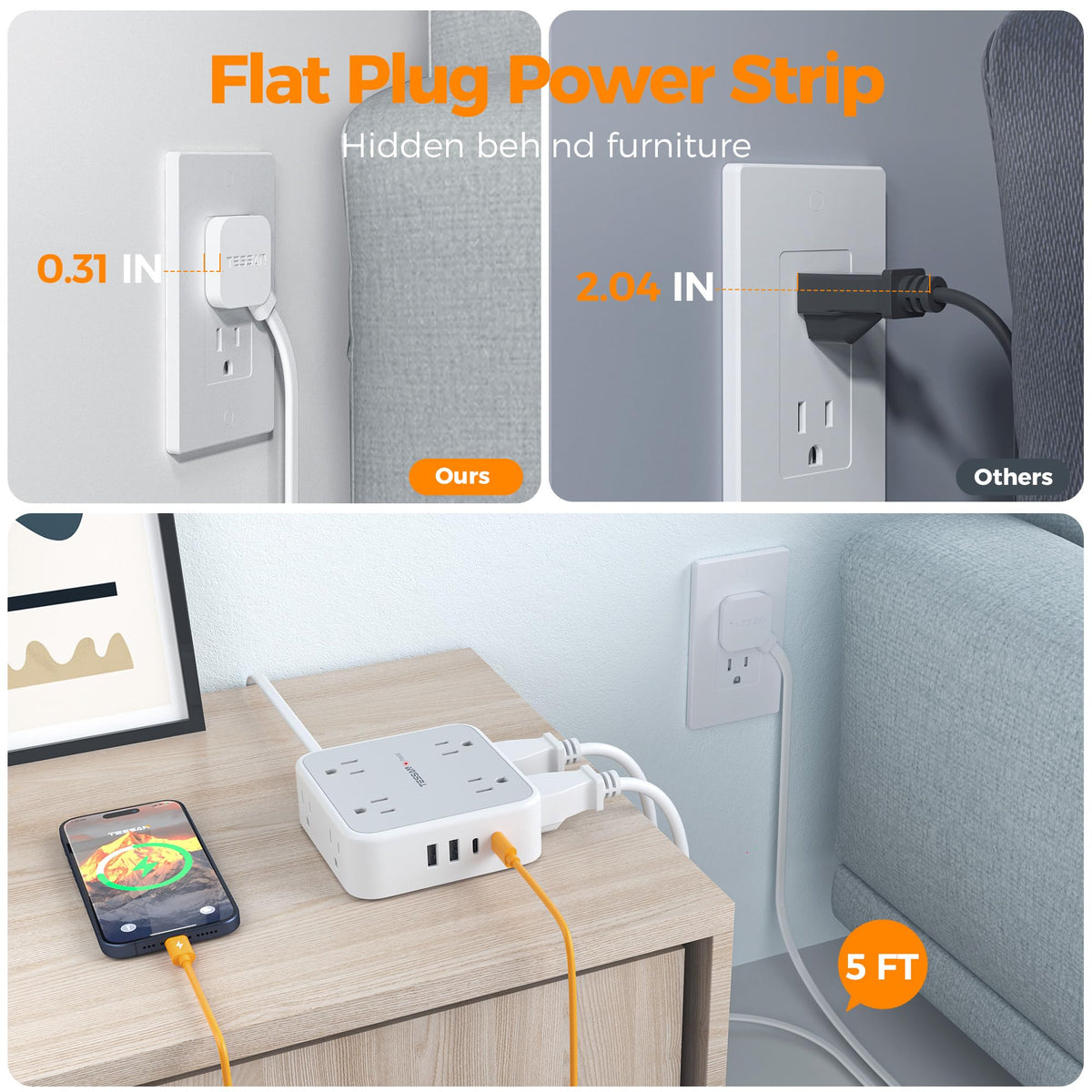 TESSAN USB port closeup highlighting two USB‑C and two USB‑A ports for faster charging