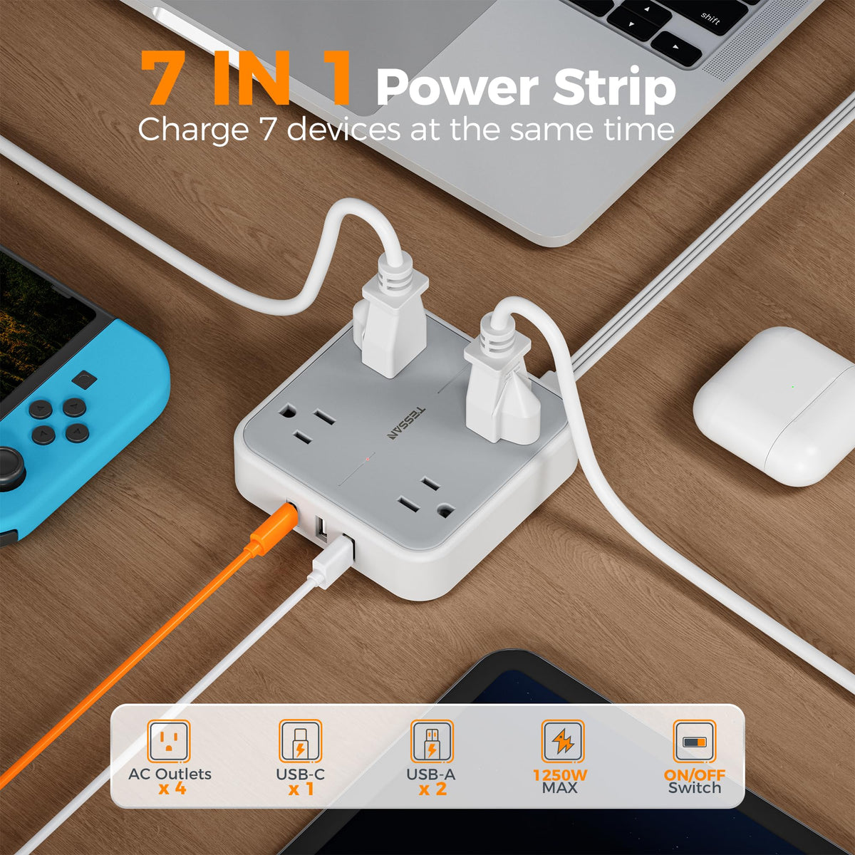TESSAN USB ports close-up showing USB‑A and USB‑C, fast charging for phones and tablets