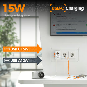 TESSAN closeup of three USB‑C and two USB‑A ports for simultaneous charging