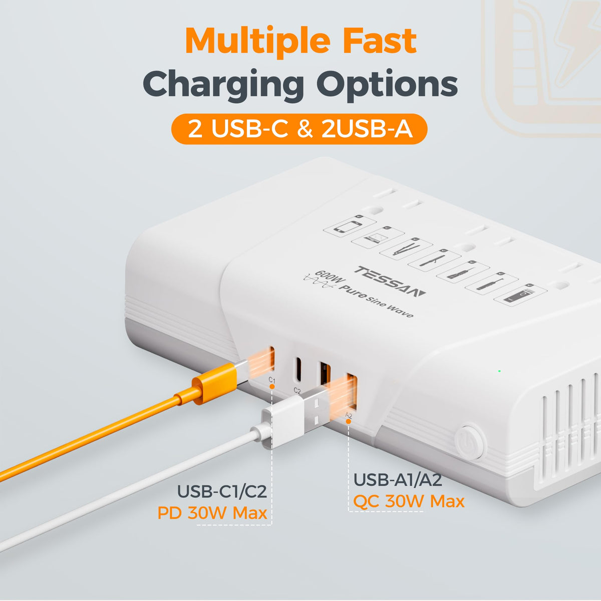 TESSAN USB ports detail with PD and QC labels, fast charging benefits