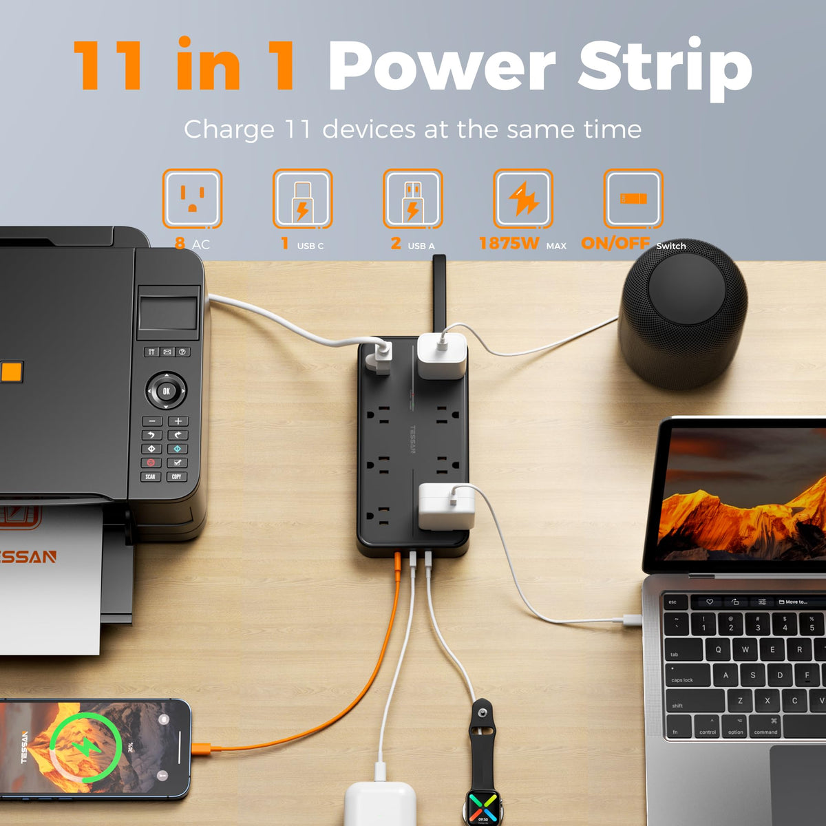 TESSAN USB ports detail highlighting USB‑C and USB‑A fast charging convenience