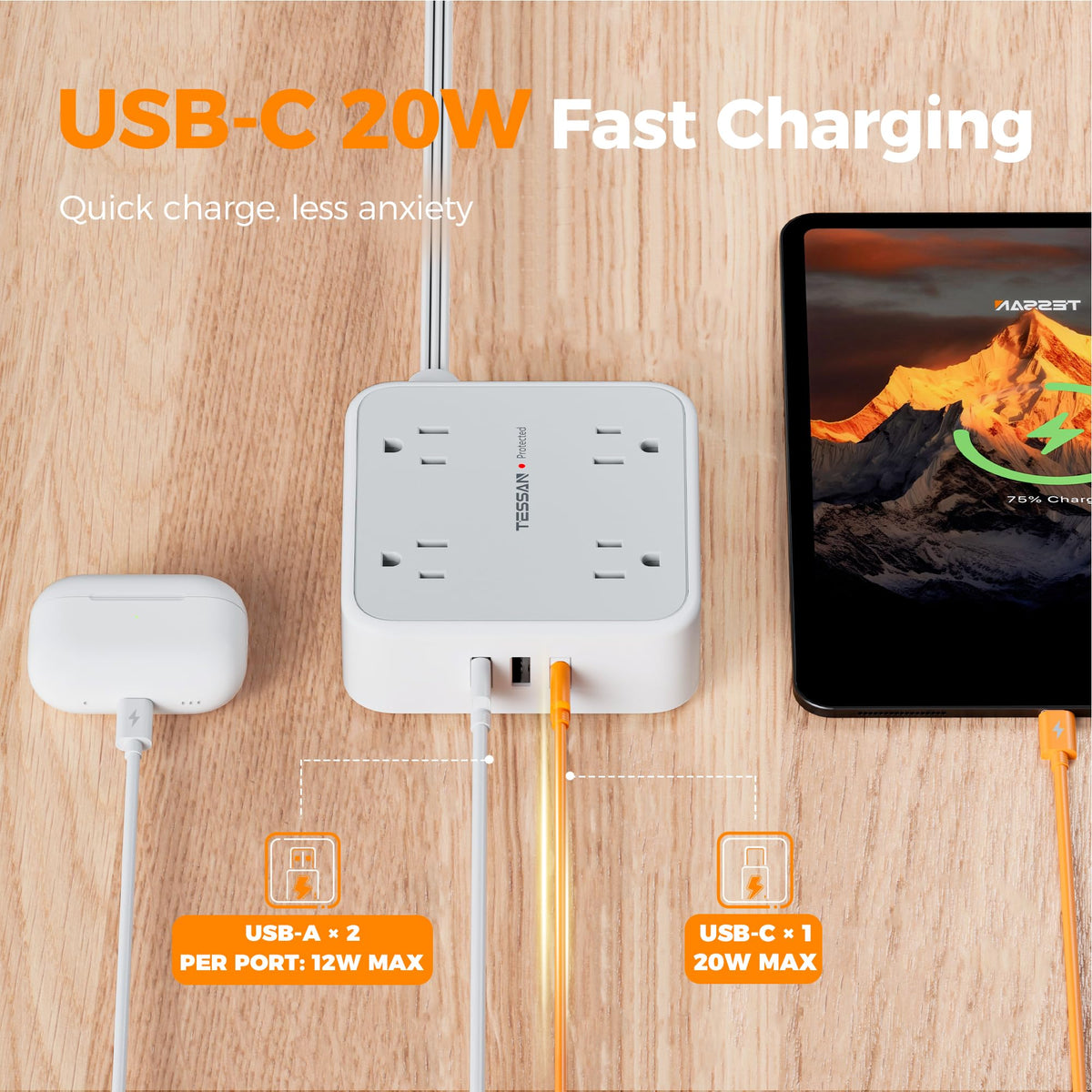 TESSAN USB ports detail highlighting USB-C 20W PD for faster charging