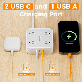 TESSAN USB ports detail showing two USB-C and one USB-A for faster charging benefit versatility