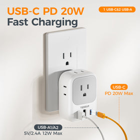 TESSAN 7-in-1 wall charger provides 4 AC outlets and 3 USB ports.