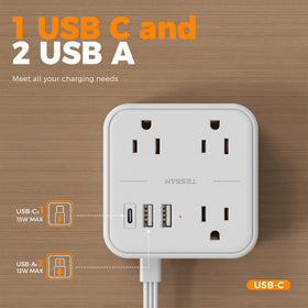 TESSAN white slim power strip blends with decor and saves space.