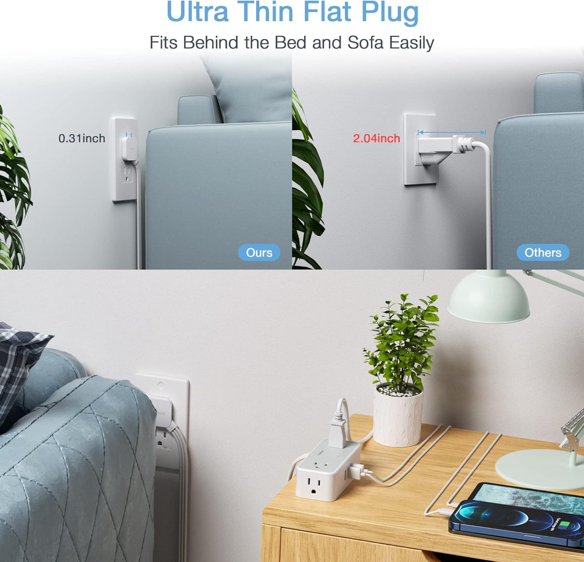 TESSAN wide-spaced outlets accommodate large plugs and adapters for easy setup.