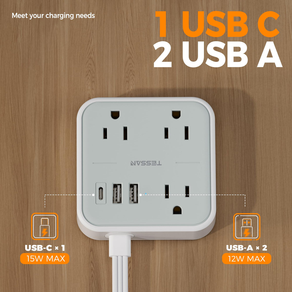TESSAN widely spaced outlets fit large adapters without blocking.