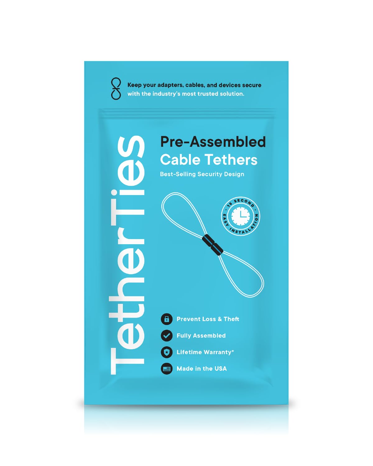 TetherTies pre-assembled adapter tie offers quick, hassle-free security for peripherals.