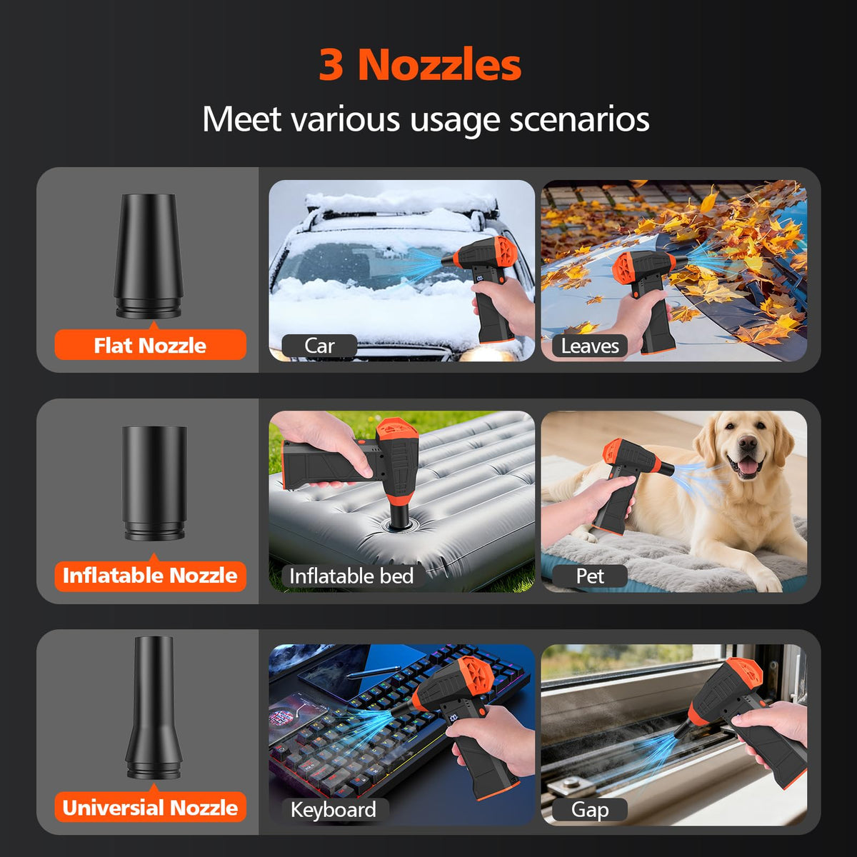 Tetsaooy 15-in-1 air duster removes pet hair from upholstery efficiently.