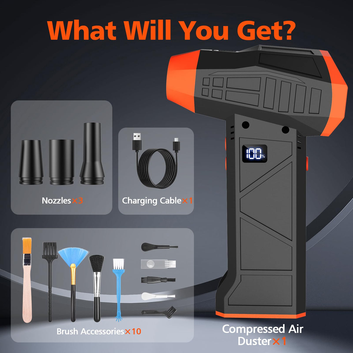 Tetsaooy 15-in-1 air duster speed dial shows four adjustable levels for dust control.