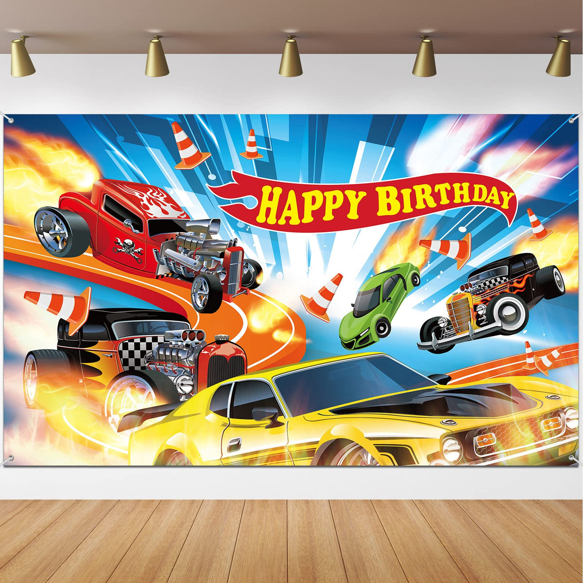 Tevxj front view of racing backdrop showing bold graphics and photo-ready benefit