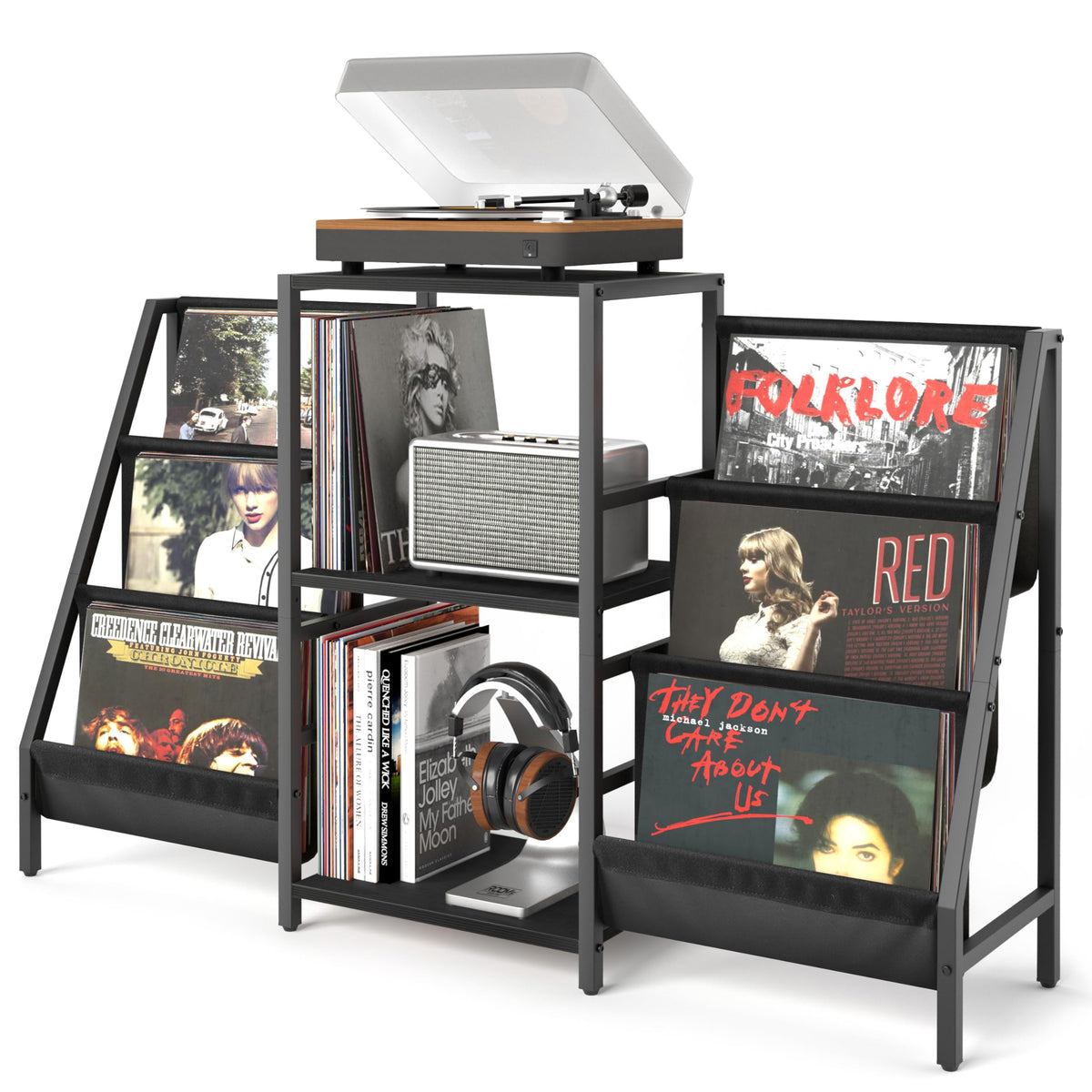 Tewinko record-player-stand with 3-layer shelves for organized vinyl listening
