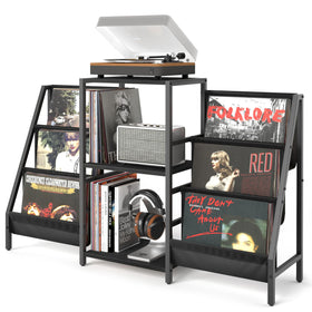 Tewinko record-player-stand with 3-layer shelves for organized vinyl listening