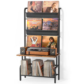 Tewinko record player stand front view showing sturdy frame and storage.