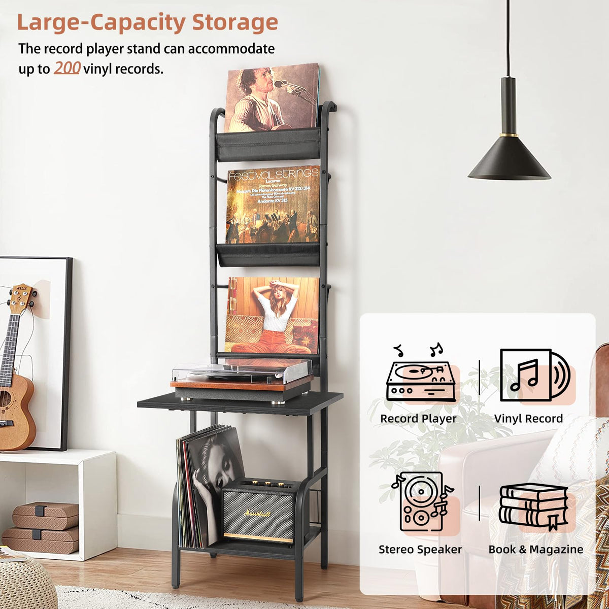 Tewinko oversized countertop supports most turntables securely for easy placement.