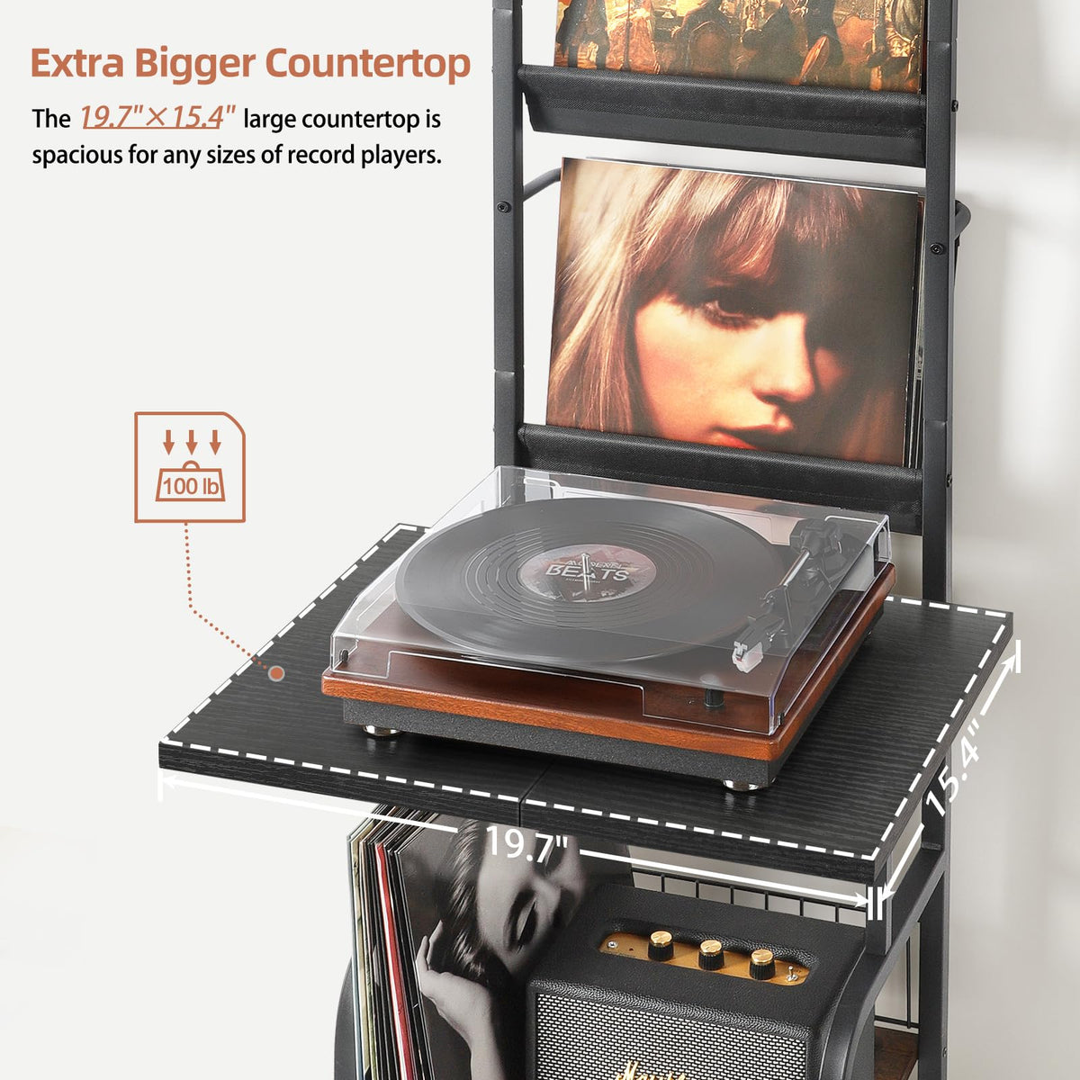 Decorative display of records on shelves with album art showcased by Tewinko stand.
