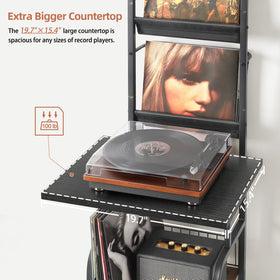 Decorative display of records on shelves with album art showcased by Tewinko stand.