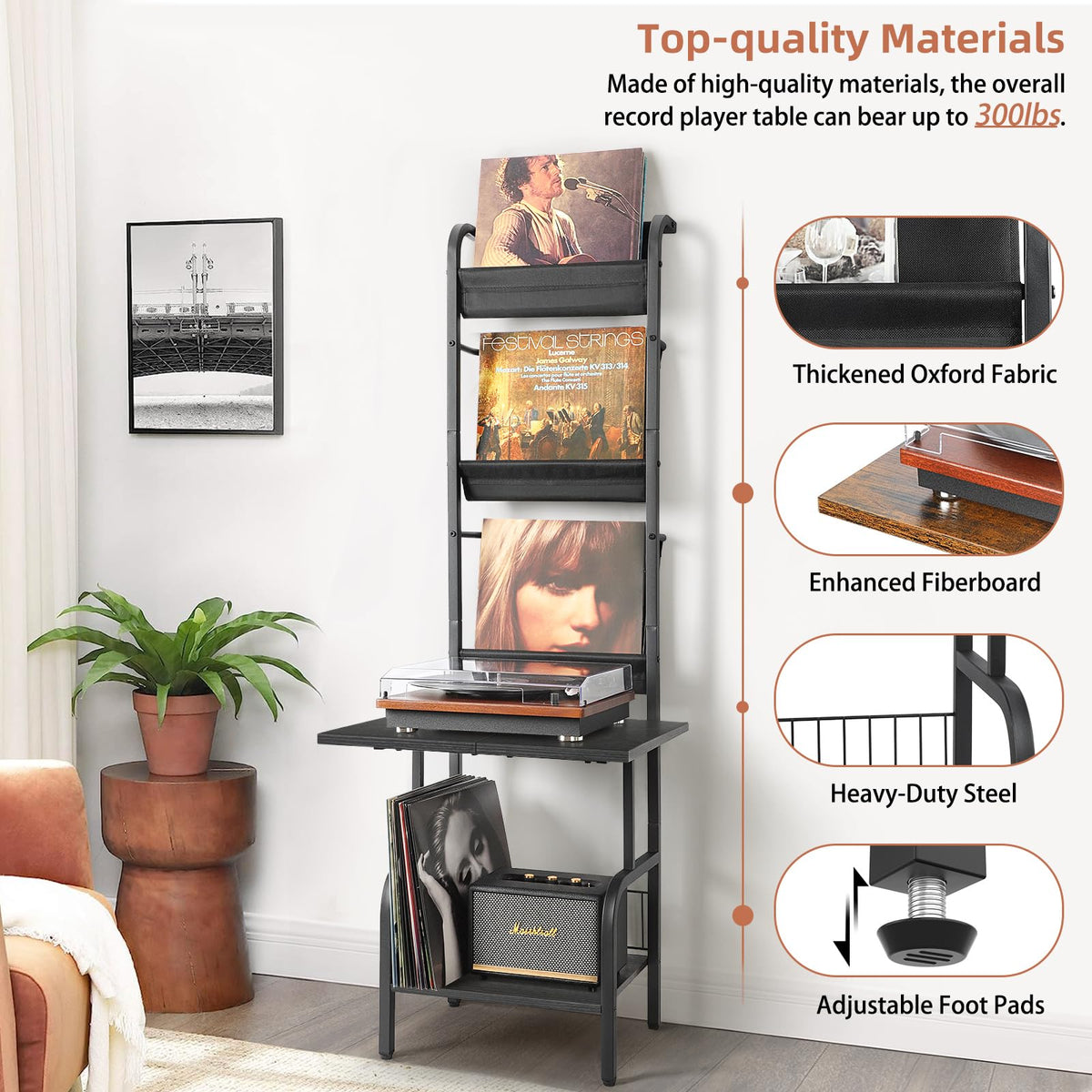 Sturdy metal frame and wooden top provide stable support for gear.